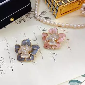 Винтажная французская элегантность, темперамент, изысканная старинная капающая эмаль, жемчужина, брошь-булавка в виде цветка серый