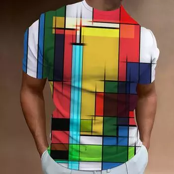 Винтажная футболка для мужчин с геометрическим принтом, свободная рубашка с дышащими топами, повседневная уличная толстовка с короткими рукавами S
