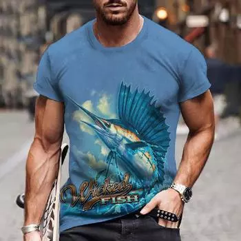 Винтажная футболка для рыбалки, мужские топы с короткими рукавами, одежда с рисунком рыбы, пуловер с круглым вырезом, уличная одежда большого размера для мужских рубашек, футболок 3XL