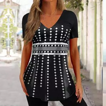 Винтажная футболка для женщин, летний свитер с V-образным вырезом и коротким рукавом, 2023, новая женская одежда, простая черная женская футболка, уличная одежда S