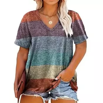 Винтажная футболка для женщин, летняя повседневная футболка с коротким рукавом, модная одежда с v-образным вырезом в полоску и оверсайз, женская одежда S