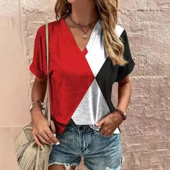 Винтажная футболка для женщин с V-образным вырезом и коротким рукавом, летняя свободная повседневная женская одежда, пуловер, женская уличная одежда в стиле Харадзюку S