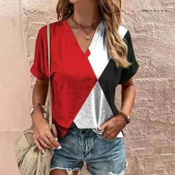 Винтажная футболка для женщин с V-образным вырезом и коротким рукавом, летняя свободная повседневная женская одежда, пуловер, женская футболка, уличная одежда в стиле Харадзюку S