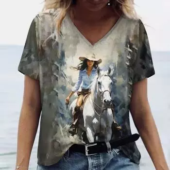 Винтажная футболка для женщин Топы с принтом животных Женская свободная одежда Футболки Летняя рубашка с V-образным вырезом Футболки оригинального дизайна S