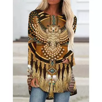 Винтажная футболка Футболки с принтом волка 3D, женская модная футболка, топы с длинным рукавом в этническом стиле, футболки, футболки с принтом нативной тематики, длинные топы для женщин S