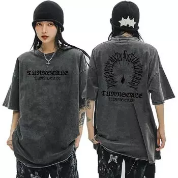 Винтажная футболка из 100% хлопка, выстиранная кислотой, с короткими рукавами и принтом спереди и сзади, уличная одежда в стиле хип-хоп, футболки большого размера в стиле Харадзюку S чёрный