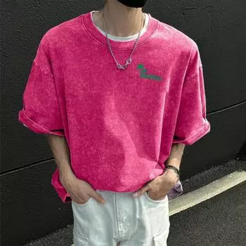 Винтажная футболка из 100% хлопка, выстиранная кислотой, с короткими рукавами, уличная одежда для отдыха, футболки большого размера в стиле Харадзюку в стиле хип-хоп S розовый