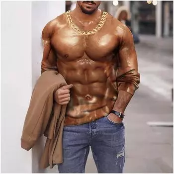 Винтажная футболка Muscle, модная уличная необычная модель, мужские зимние топы с длинными рукавами, повседневная футболка, свободная, свободного покроя, повседневная одежда S