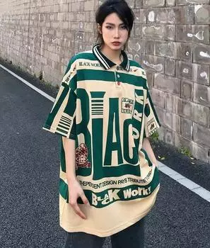 Винтажная футболка-поло большого размера унисекс, топы в стиле ретро с буквенным принтом, свободный повседневный топ, уличная одежда M