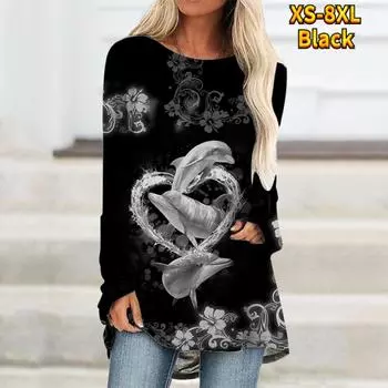 Винтажная футболка с 3d принтом коровы, женская модная футболка с длинным рукавом, повседневные этнические топы, футболки, топы с графическим принтом, длинные футболки S