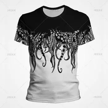 Винтажная футболка с 3D-принтом «Осьминог» с рисунком ужасов, хип-хоп, уличная одежда, популярные футболки для мужчин, летние свободные топы, ретро-футболка в стиле кэжуал S