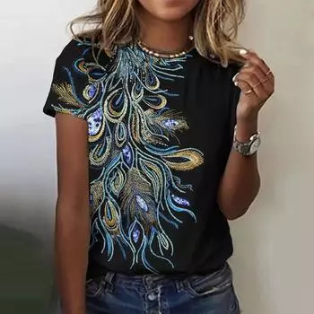 Винтажная футболка с 3D принтом перьев для женщин, женская одежда в стиле Харадзюку, повседневный пуловер с круглым вырезом, летние свободные футболки с короткими рукавами, повседневные топы S