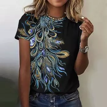 Винтажная футболка с 3D принтом перьев для женщин, женская одежда в стиле Харадзюку, повседневный пуловер с круглым вырезом, летние свободные футболки с короткими рукавами, повседневные топы S