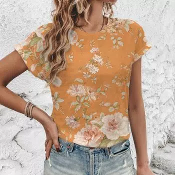 Винтажная футболка с цветочным принтом высокого качества 2024 года, повседневная дышащая женская футболка, новая элегантная модная свободная футболка с круглым вырезом XXS