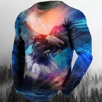 Винтажная футболка с длинным рукавом для мужчин, мужские топы с животным принтом, уличная одежда с 3D графикой орла, футболка большого размера, мужская одежда XS