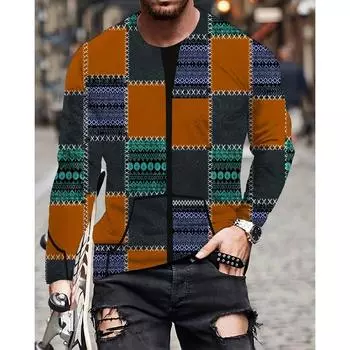 Винтажная футболка с длинным рукавом, мужская тряпичная нерегулярная клетчатая рубашка, зимняя одежда с длинным рукавом, повседневная уличная свободная свободная кофта-пуловер S
