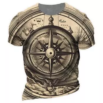 Винтажная футболка с компасом, мужская футболка с 3d принтом, навигационный компас, мужские топы с круглым вырезом и короткими рукавами, футболка большого размера, Homme XS