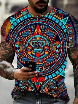 Винтажная футболка с принтом календаря ацтеков для мужчин, графические футболки, летние свободные топы с коротким рукавом в стиле Харадзюку с круглым вырезом S чёрный