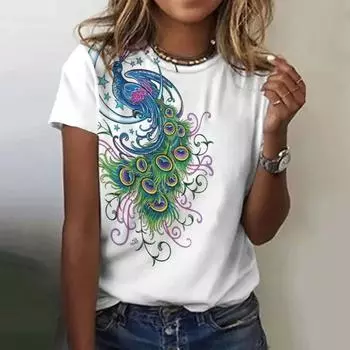 Винтажная футболка с принтом павлиньих волос, женские футболки с 3d принтом, летняя модная футболка с круглым вырезом и короткими рукавами, одежда оверсайз 3XL