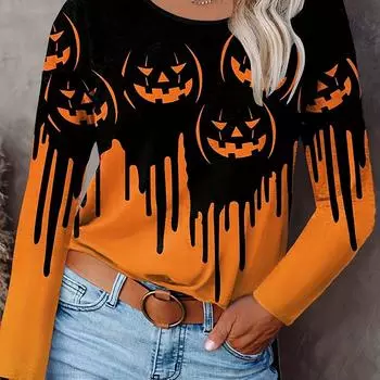 Винтажная футболка с принтом тыквы на Хэллоуин с круглым вырезом и длинными рукавами, повседневная одежда с 3D-принтом, обычная длина, трикотаж, химчистка запрещена S