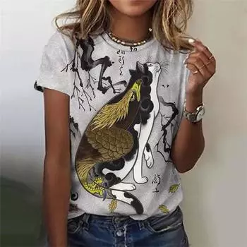 Винтажная футболка с рисунком кошки для женщин, японская живопись, 3D-печать, короткие рукава, летняя футболка для отдыха, топы с круглым вырезом, футболки XL