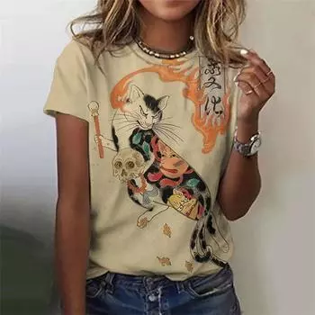 Винтажная футболка с рисунком кошки для женщин, японская живопись, 3D-печать, короткие рукава, летняя футболка для отдыха, топы с круглым вырезом, футболки S