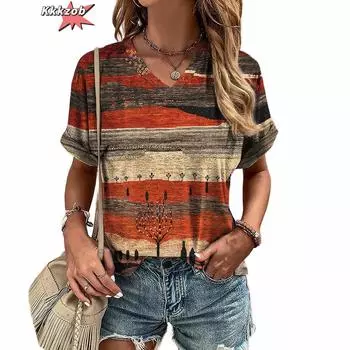 Винтажная футболка с V-образным вырезом и принтом в полоску в стиле Харадзюку для женщин, женская футболка, летняя футболка с коротким рукавом, повседневная уличная одежда, пуловеры, топы S