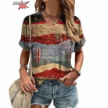Винтажная футболка с V-образным вырезом и принтом в полоску в стиле Харадзюку для женщин, женская футболка, летняя футболка с коротким рукавом, повседневная уличная одежда, пуловеры, топы S