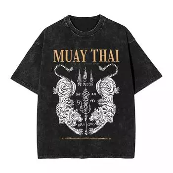 Винтажная футболка с варкой Классическая футболка Муай Тай с двумя тиграми Свободные футболки Хиппи футболка для пары Одежда на заказ S
