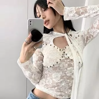 Винтажная футболка, женская кружевная рубашка Lcae Up, ажурные футболки Y2k, топы Fairycore, футболки в корейском стиле 2000-х годов, осень-зима S белый