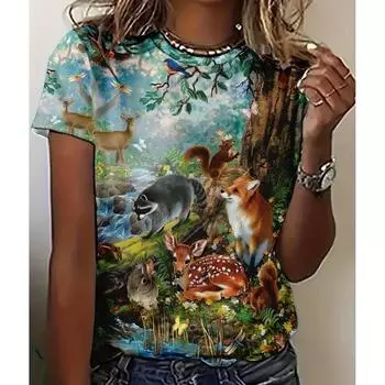 Винтажная футболка женская летняя с круглым вырезом и принтом животных, повседневная свободная 3D футболка, элегантные топы с коротким рукавом Y2k, женские рубашки S