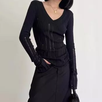 Винтажная футболка, женские вязаные футболки с вырезами, прозрачные футболки Y2k Fairycore, футболки в корейском стиле, топы 2000-х годов B-004 S чёрный