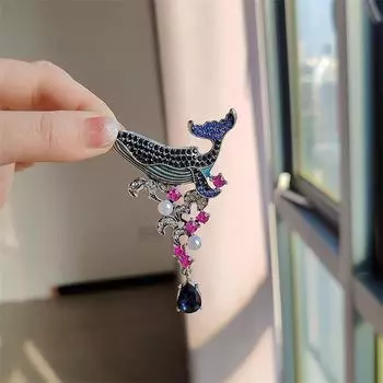 Винтажная глазурованная брошь с бахромой в виде кита, украшенная стразами, имитация эмали, морское животное, булавка для пальто, корсаж, аксессуары