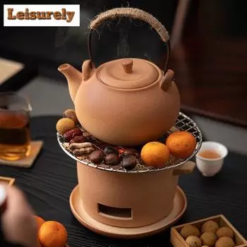 Винтажная глиняная глиняная угольная печь, грубая керамическая грелка, чайник, чайник для чая, чайник для угольной печи