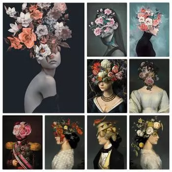 Винтажная голова девушки с цветами, постеры, настенные художественные принты на холсте, ретро-фигуры, женские картины для гостиной, домашний декор, фотографии 21x30 No Frame белый