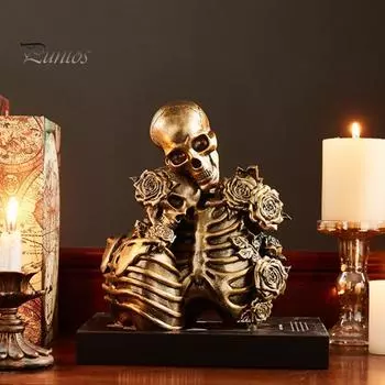 Винтажная готическая фигурка скелета пары, хеллоуинская роза, череп, смоляная статуэтка, скульптура, домашний офис, настольное украшение, праздничный орнамент B
