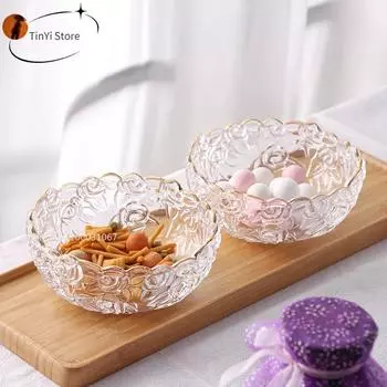 Винтажная гравировка Прозрачная стеклянная салатница с золотым краем Десертная фруктовая миска для овсянки Кухонная миска для супа и лапши Рельефное ремесло прозрачный