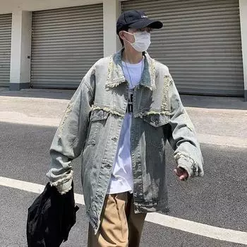 Винтажная грубая рваная джинсовая куртка мужская и женская свободная повседневная универсальная куртка для инструментов Top Tide S синий