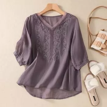 Винтажная хлопковая блузка летняя женская одежда мода вышитые повседневные блузки с V-образным вырезом и рукавами XXL белый