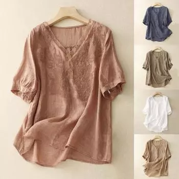 Винтажная хлопковая льняная блузка для женщин, летняя тонкая рубашка с V-образным вырезом и коротким рукавом, повседневный свободный пуловер, топ, блуза, уличная футболка в стиле бохо XXL