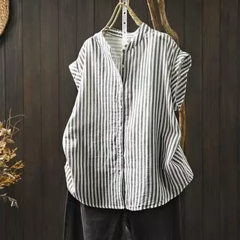 Винтажная хлопковая льняная рубашка женская стильная уличная летняя блузка с короткими рукавами без воротника женская дышащая удобная верхняя одежда M бежевый