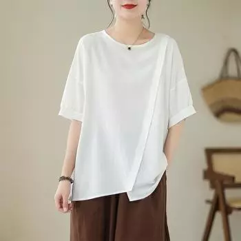 Винтажная хлопковая повседневная свободная летняя футболка большого размера с короткими рукавами, женская футболка L белый