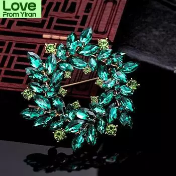 Винтажная хрустальная брошь-венок Женская брошь из сплава со стразами Атмосферные аксессуары для корсажа зелёный