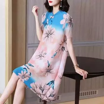 Винтажная и элегантная плиссированная юбка А-силуэта средней длины, новое летнее платье с диагональным воротником-стойкой и принтом. M бежевый