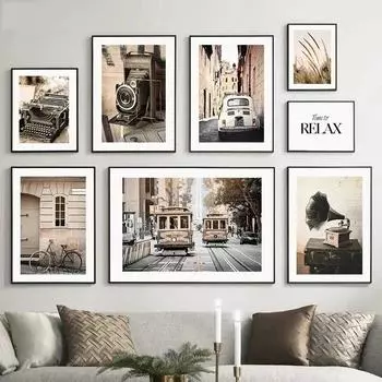 Винтажная камера, проигрыватель пишущей машинки, картина на холсте, настенная живопись, пейзаж, трава, постер и принт для домашнего декора в стиле ретро 21cm30cm NoFrame