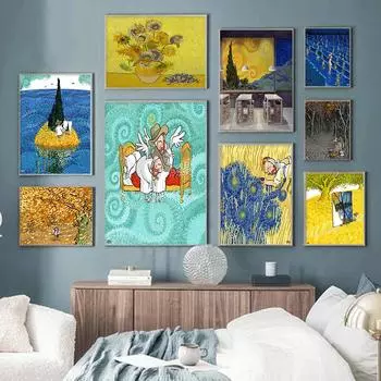 Винтажная картина маслом, холст, картина Ван Гог, звездная ночь, постер, золотой цветок, эстетическая скандинавская настенная картина для домашнего декора 21x30cm No Framed