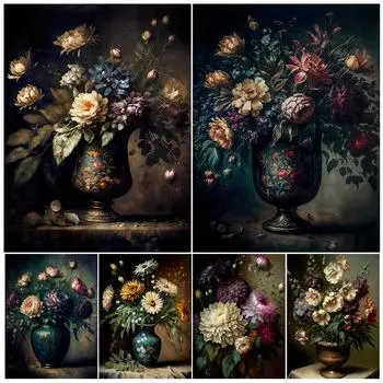 Винтажная картина маслом с цветами, цифровой художественный плакат и печатная ваза, винтажное настенное искусство 21cm30cm NoFrame