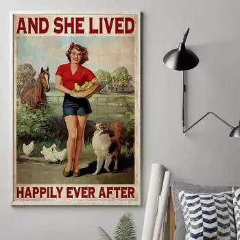 Винтажная картина на холсте «Фермерская девушка с собакой, курицей, лошадью», постер с цитатой «Она жила долго и счастливо» на стене, домашний декор 21X30cm No Frame