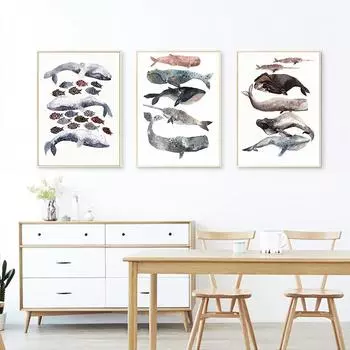 Винтажная картина на холсте с рыбой, океаном, китом, скандинавские минималистичные постеры, принты, настенные художественные фотографии, украшения для гостиной для дома, без рамки 21*30cm