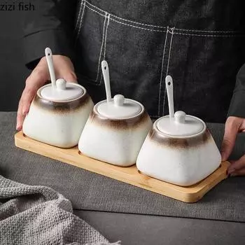 Винтажная керамическая банка для приправ с ложкой, банка для соли, банка для сахара, банки для перца, инструмент для хранения приправ, кухонный инструмент для приправ